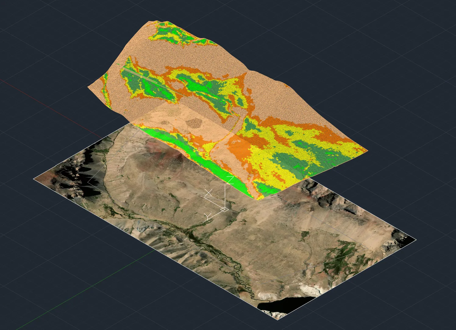 Análisis de pendientes del terreno del proyecto: una malla TIN coloreada por pendiente flotando sobre la ortofoto satelital del sitio.